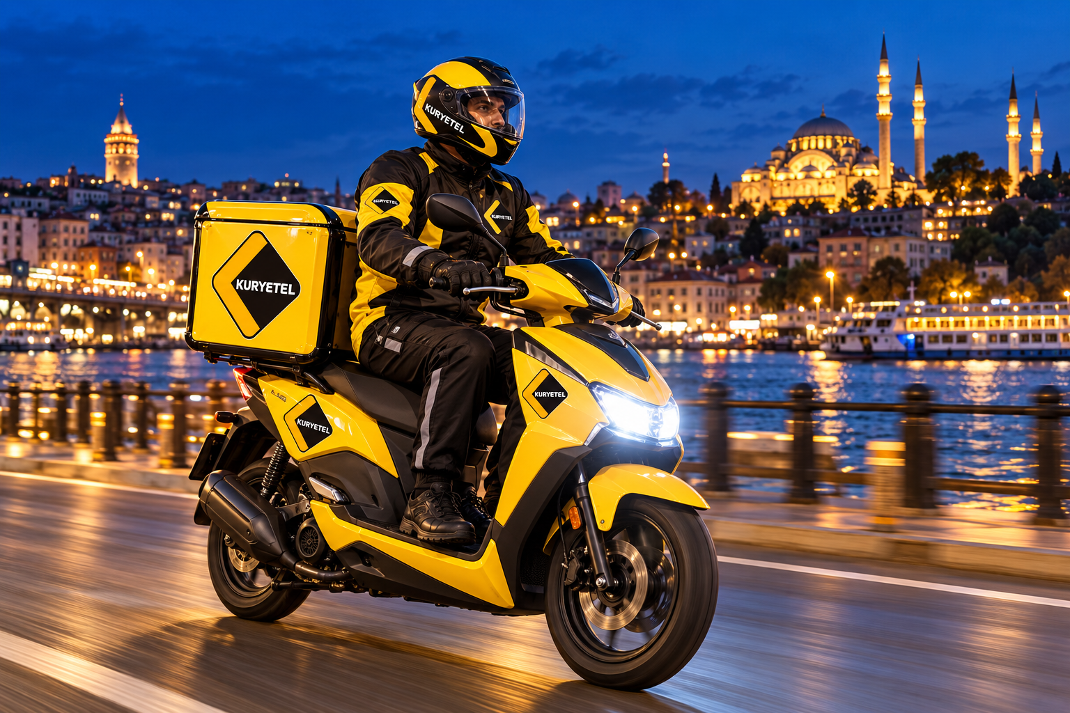 İstanbul gece ışıkları altında sarı-siyah Kuryetel moto kuryesi